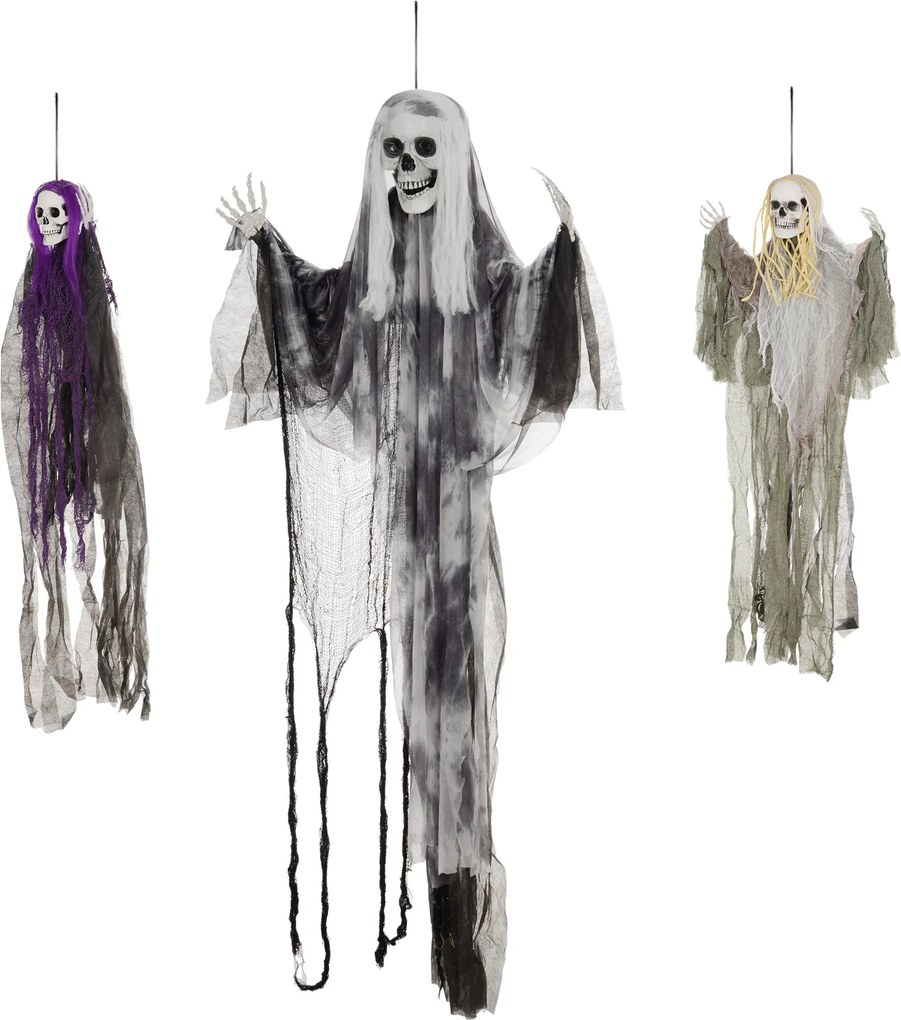 HOMCOM Wiszące Duchy-Szkielety, Zestaw 3 szt., Dekoracja na Halloween, Regulowane Ramiona, 150cm