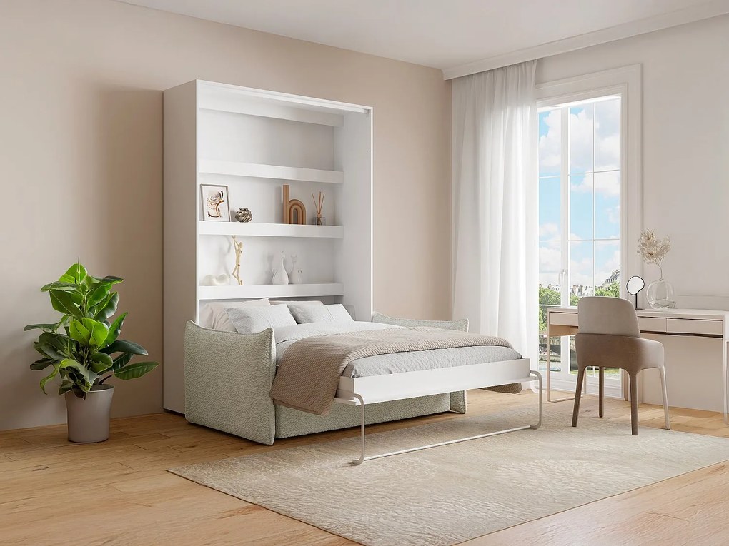 Łóżko chowane w szafie 160 x 200 cm - Ręczne otwieranie pionowe - Z LEDami - Białe + Kanapa + Materac - RAPILI