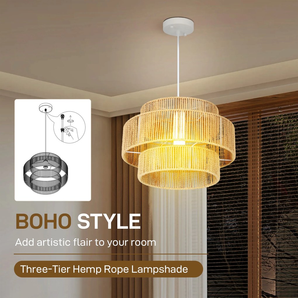 HOMCOM Lampa wisząca, abażur trójwarstwowy, metal, sznur lniany, Jasnobrązowy