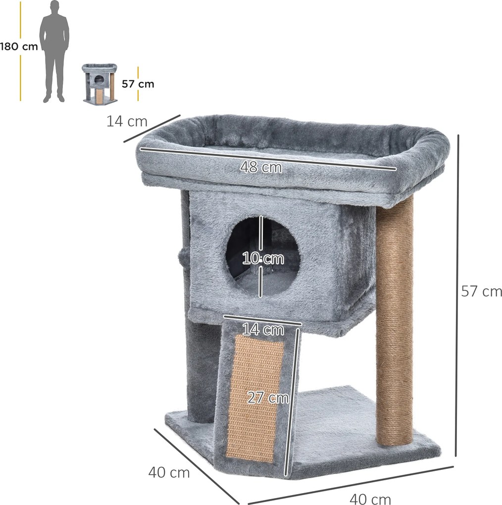 PawHut Drapak dla Kota z Jutową Matą Wisząca Piłka i Otworem Drzwiowym Jasnoszary MDF Plusz 40x40x57cm | Aosom PL