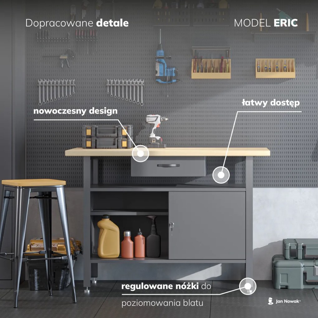 Stół warsztatowy ERIC, 1200 x 850 x 600 mm, antracytowo-niebieski