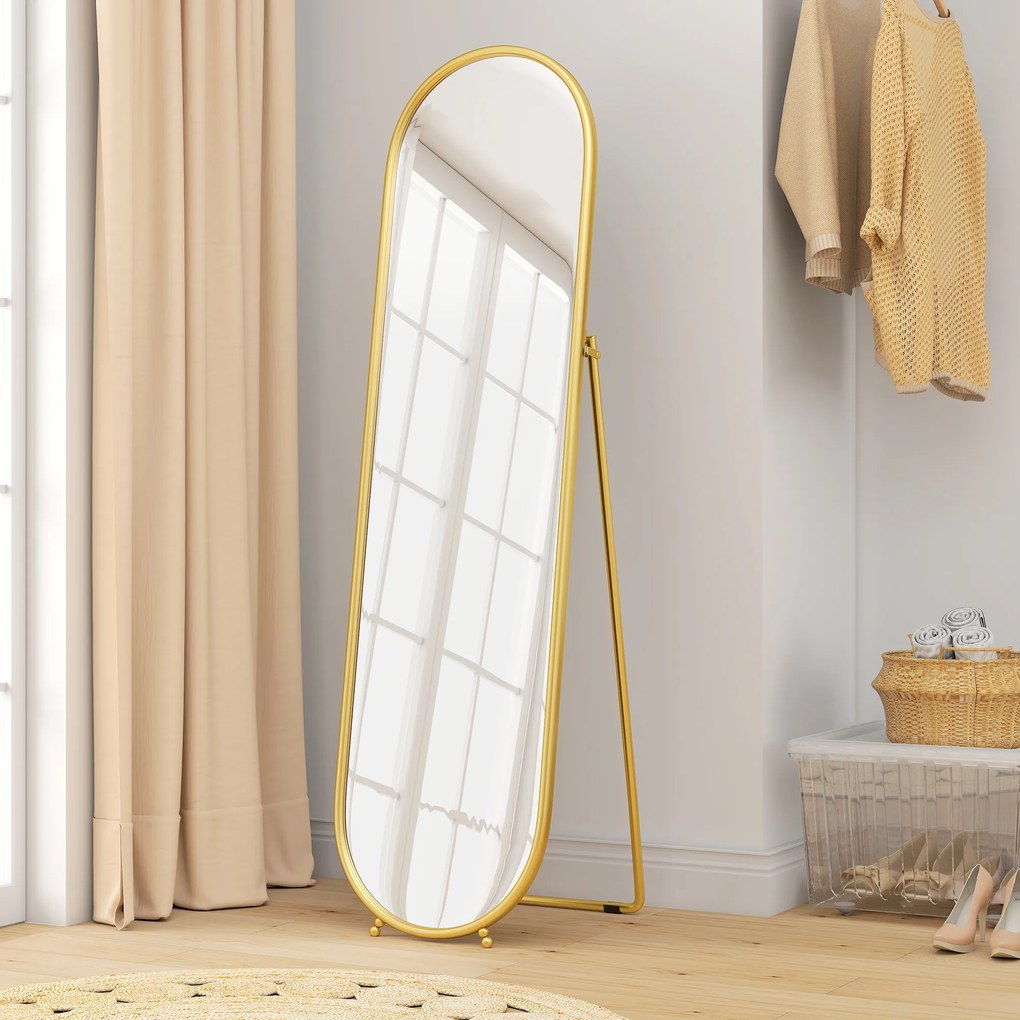 HOMCOM Lustro całopostaciowe, owalny kształt, wolnostojące, rama metalowa, 50x180 cm, złote | Aosom PL