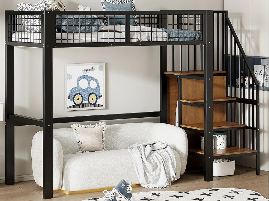 Łóżko mezzanine 90x200 cm z szafą i schodami - metalowa rama - Czarny