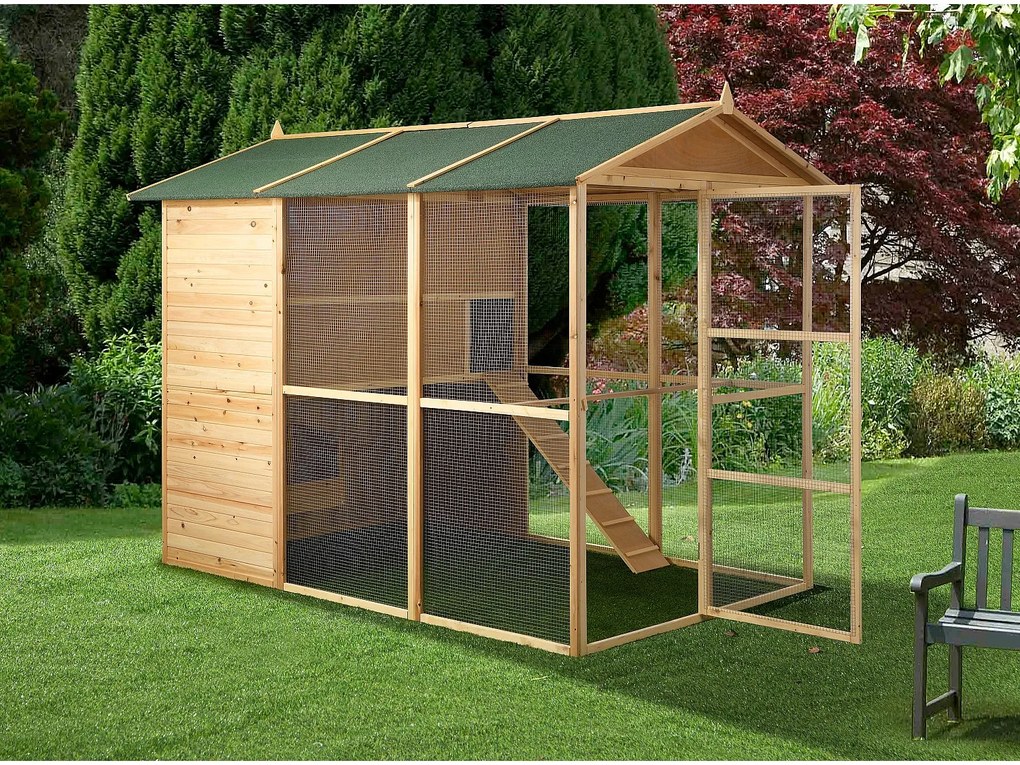 Kurnik z drewna z wybiegiem – 10 kury – 266 × 174 × 205 cm (dł. × szer. × wys.) – kolor naturalny - FERAS