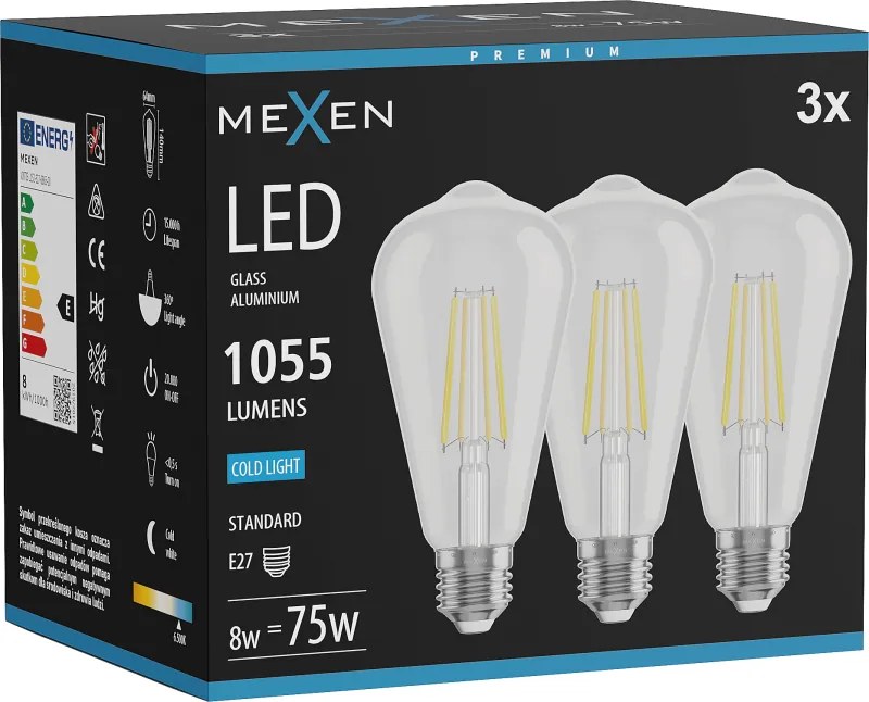 Mexen Vintis 3x żarówka filament LED E27, ST64, 8W, Zimna - 6500K, 1055 lm, clear - L152-E27-0865-00x03