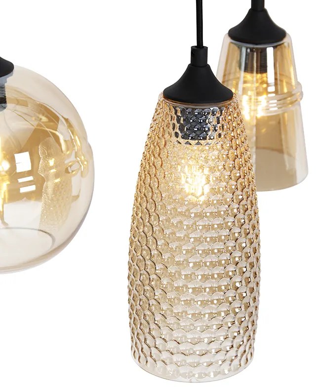 Lampa wisząca w stylu art deco czarna z bursztynowym szkłem 8 świateł - Hanne ArtDeco Oswietlenie wewnetrzne
