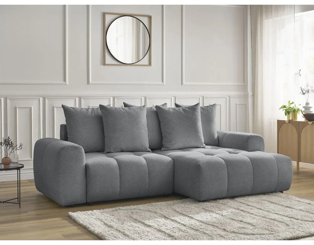 Szary rozkładany narożnik z tkaniny szenilowej ze schowkiem (prawostronny/z szezlongiem) Roxelane – Bobochic Paris