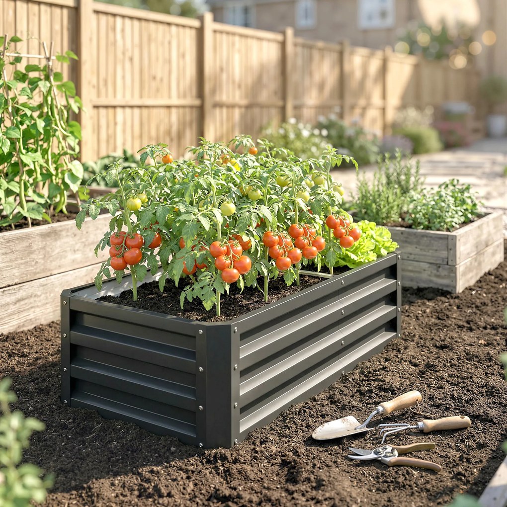 Outsunny Podwyższona Grządka Odporna na Warunki Atmosferyczne z Ocynkowanej Stali z Otwartą Podłogą 120x60x30.5cm Szara | Aosom PL