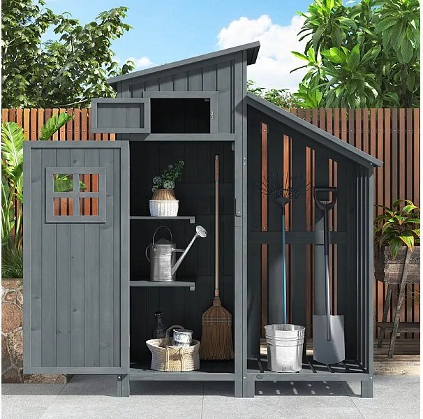 Drewniana altana ogrodowa z sosny - schowek na narzędzia z 2 wbudowanymi półkami - Wys. 173 cm - wodoodporny dach z PVC - Szary