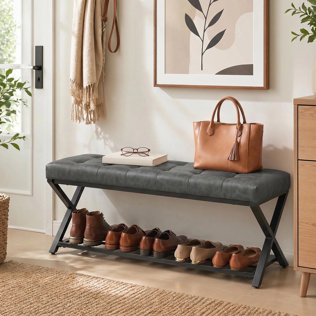 HOMCOM Ławka na buty, ławka do przedpokoju z ekoskórzanym siedziskiem, 112 x 37 x 47 cm, ciemnoszara | Aosom PL