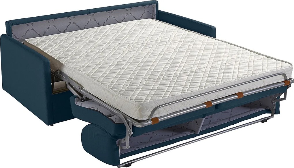 Kanapa 4-osobowa rozkładana typu express z granatowego weluru z siedziskiem z pianki z pamięcią kształtu - Powierzchnia spania 160 cm - Materac 14 cm CALIFE