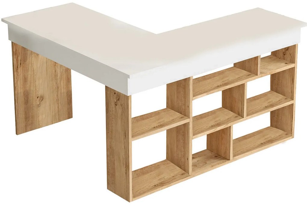 Biurko narożne ze schowkami - Kolor: Biały i naturalny - LILEUL