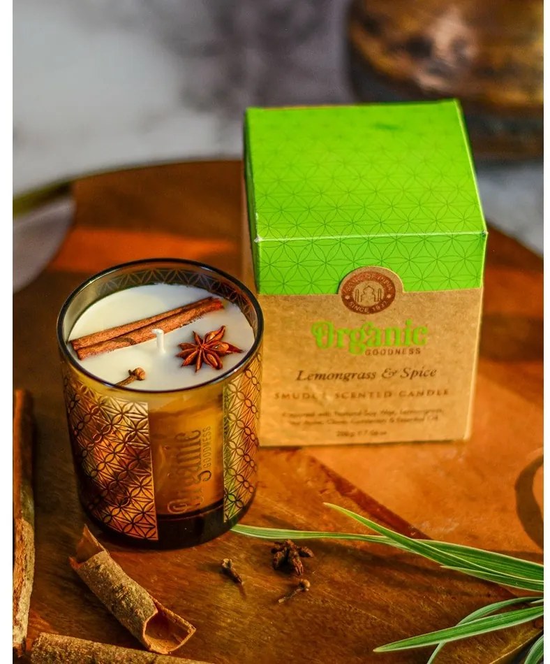 Organiczna świeca kadzidlana Lemongrass &Spice 200 g w szklanym słoiku ze złotą folią
