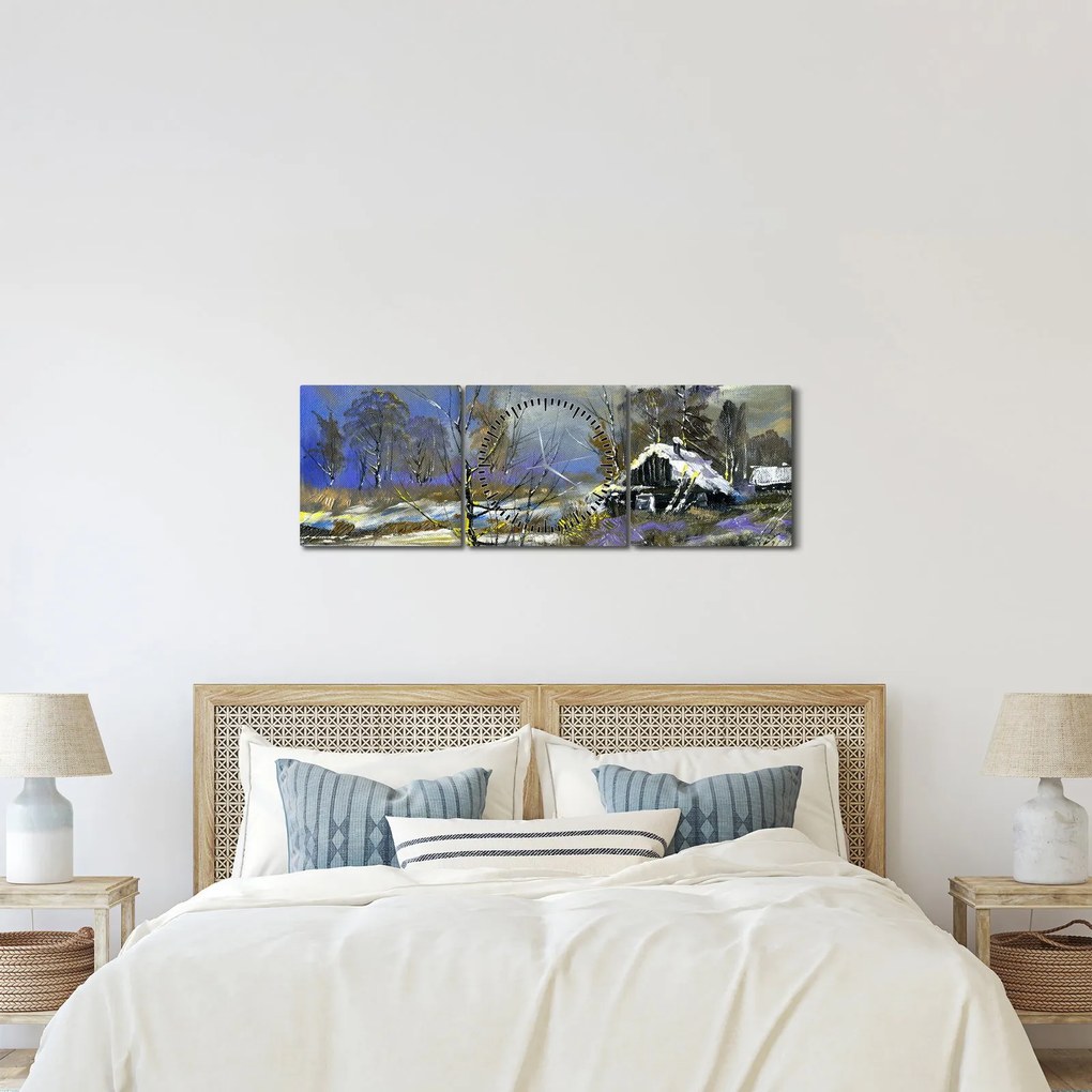 Obraz chaty w zimowym krajobrazie, obraz olejny (z zegarem) (90x30 cm)