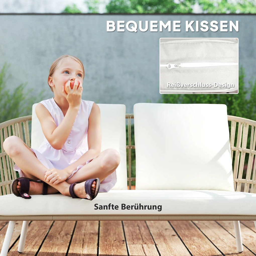 Zestaw mebli ogrodowych z polirattanu Outsunny: zestaw lounge z sofą 2-osobową, fotelami, stolikiem i poduszkami, odporny na warunki pogodowe dla 4 osób - Khaki