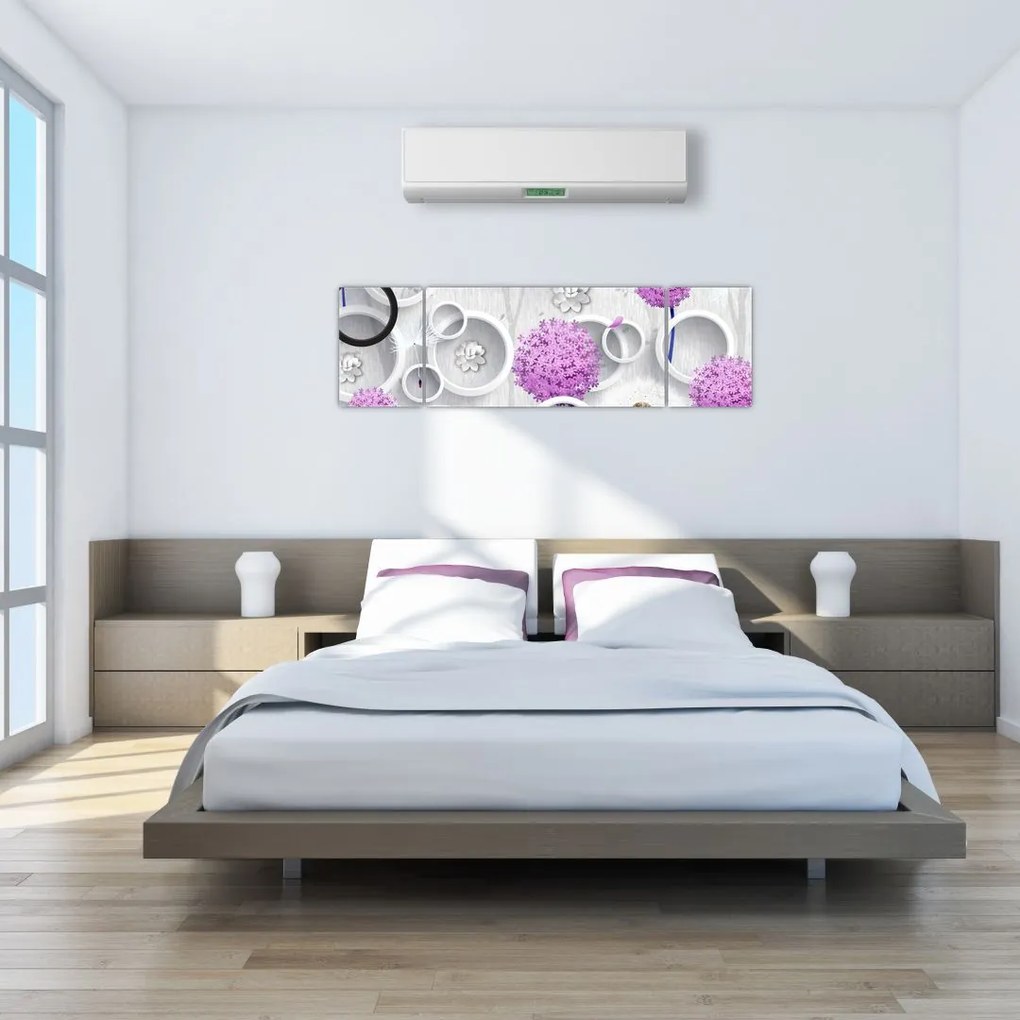Obraz abstrakcji 3D z kołami i kwiatami (170x50 cm)
