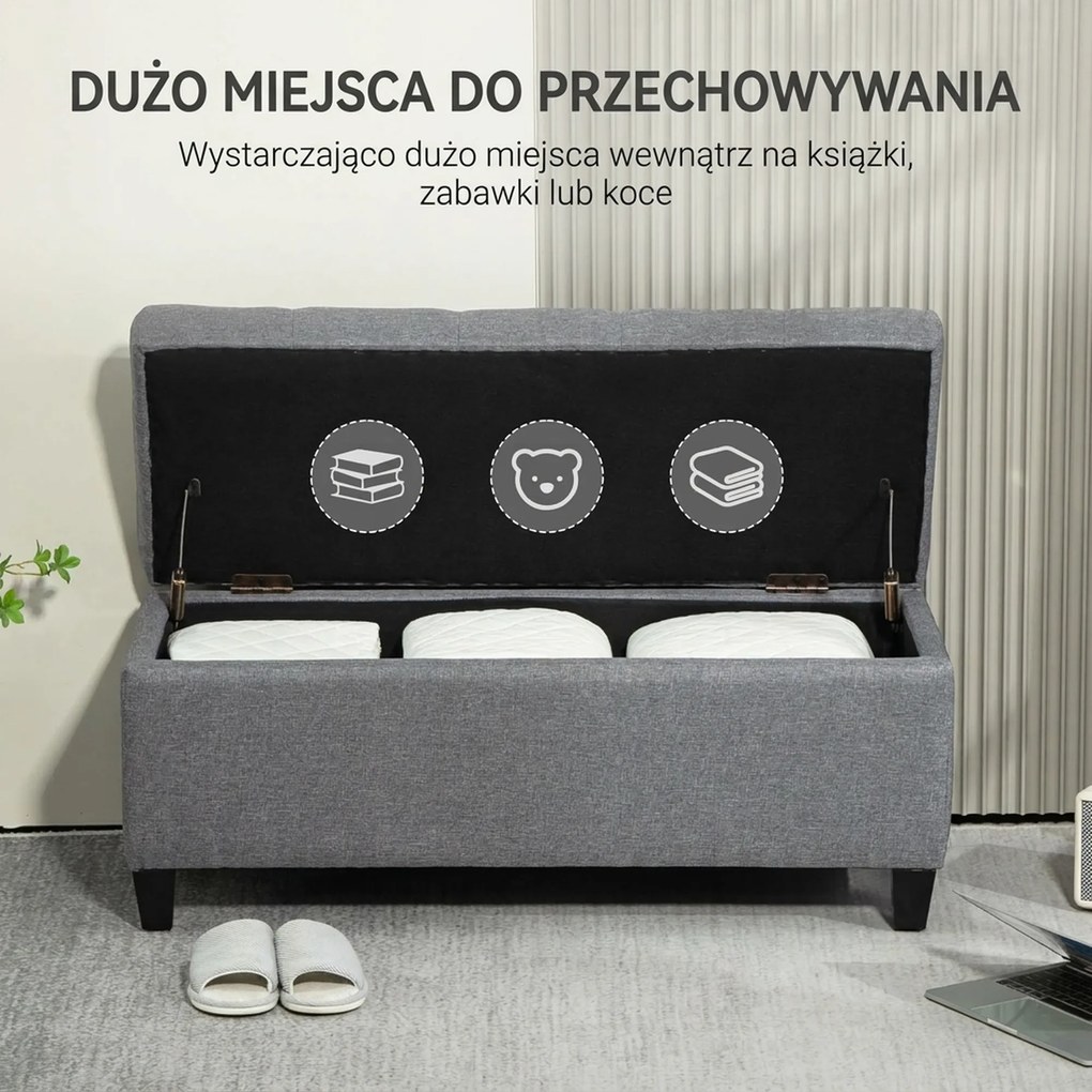 HOMCOM ławka tapicerowana z pojemnikiem na buty do przedpokoju tkanina poliestrowa drewno jasnoszary 100x40x44 cm | Aosom PL
