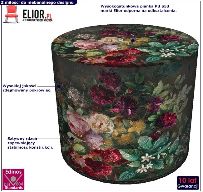 Zielono-czerwona tapicerowana pufa z motywem florystycznym - Majoris