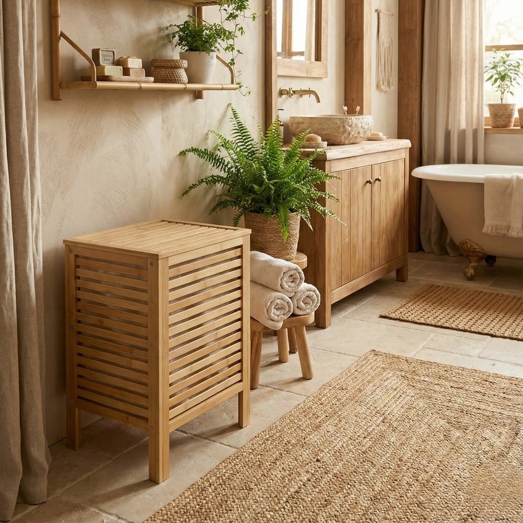 Bambusowy kosz na pranie z pokrywą i wyciąganym workiem LUND, 60 L