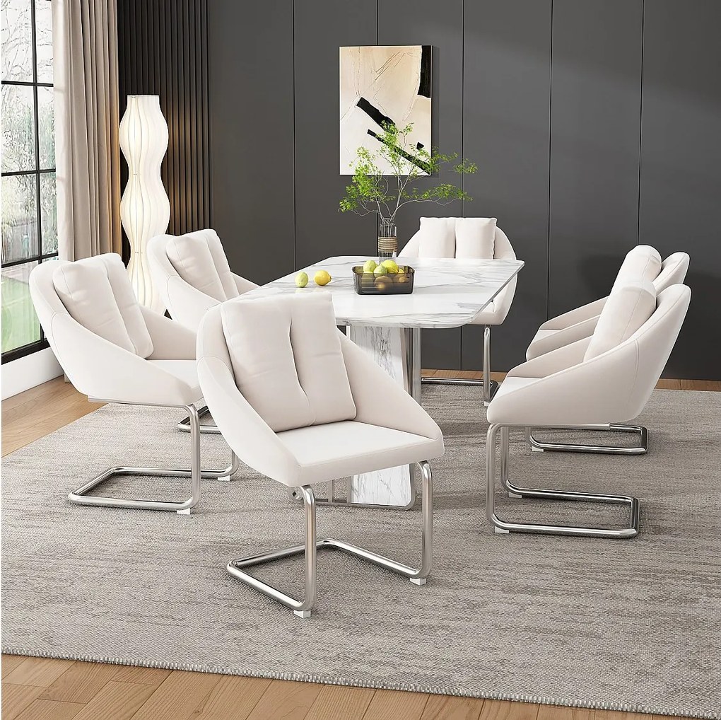 Zestaw 6 krzeseł welurowych - 82 x 57 x 54 cm - z poduszkami - luksusowy fotel obrotowy do salonu i sypialni - nogi łukowe - beżowy