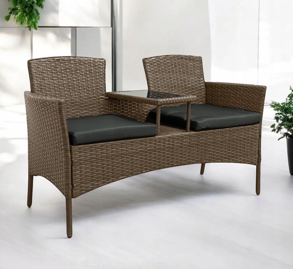 Meble ogrodowe Ratina, dwuosobowa sofa ze stolikiem, kolor jasny brąz, poduszki szare