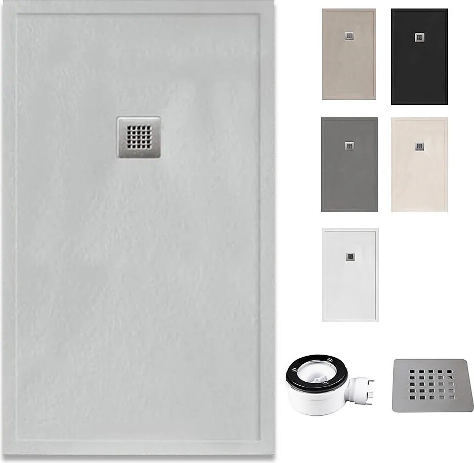 Brodzik żywiczny z rantem, ultracienki i antypoślizgowy z zaworem i kratką | Tekstura kamienia | Szary perłowy | 90 X 180 cm