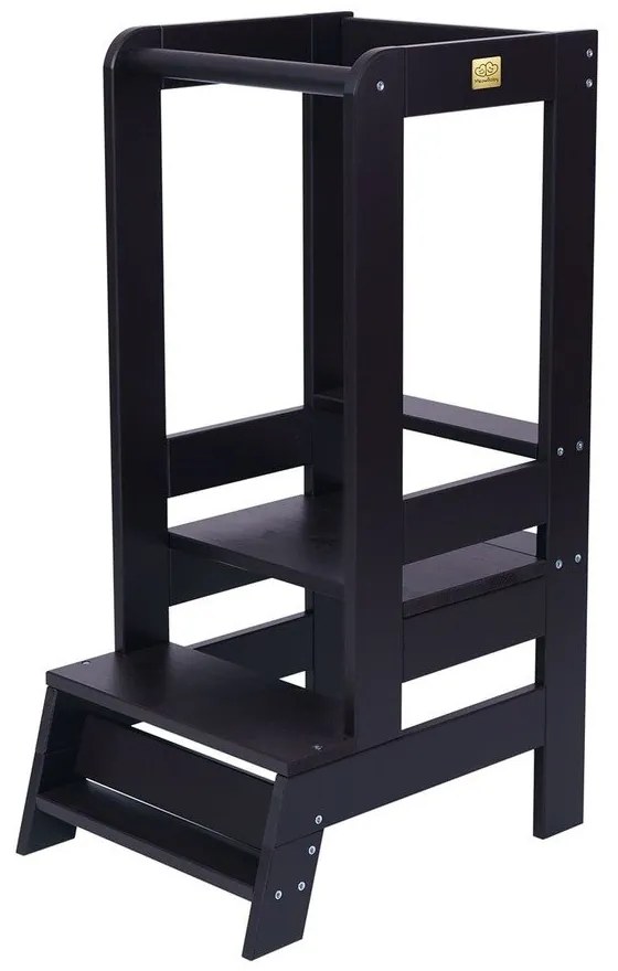 Czarny pomocnik kuchenny dla dzieci z litego drewna sosnowego Montessori – Meowbaby