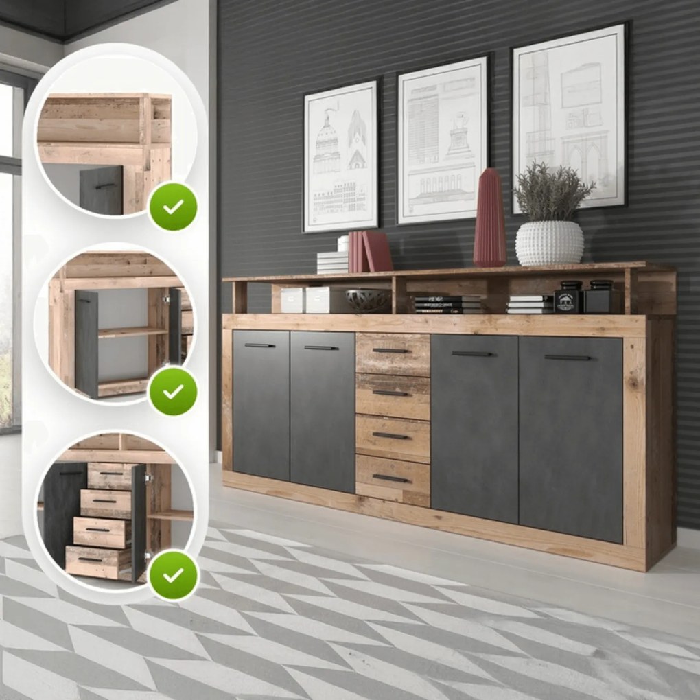 Komoda Czterodrzwiowa BLAGO 190 cm Surowy Dąb/Czarny Loft