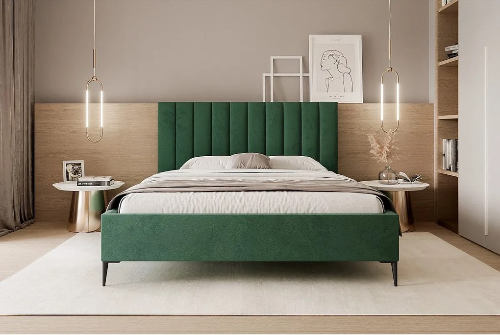 Mona SLIM III w tkaninie VELUTTO, wygodne łóżko tapicerowane - ergonomiczne oparcie 120x200 cm, zielony