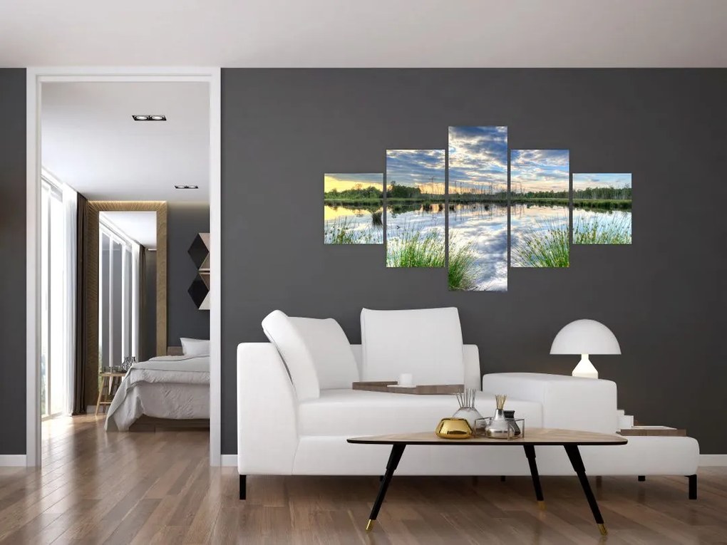 Obraz jeziora z trzcinami (125x70 cm)