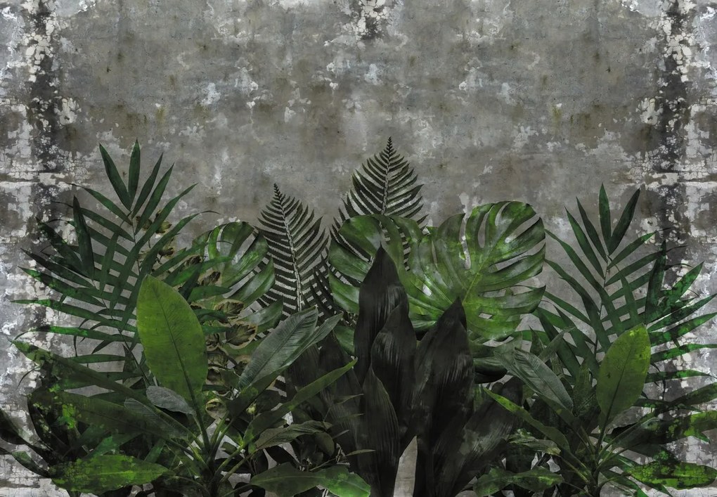 Fototapeta - Betonowa ściana z roślinami (196x136 cm)