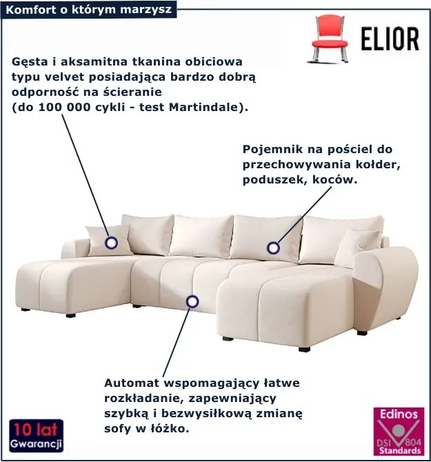 Kremowy narożnik z funkcją spania w kształcie U - Aurelix 4X