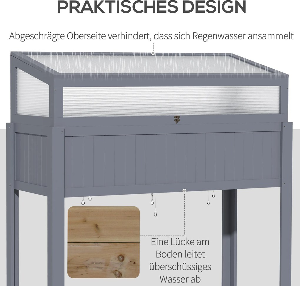 Outsunny drewniane podniesione łóżko z zimną ramą, poliwęglan, szary