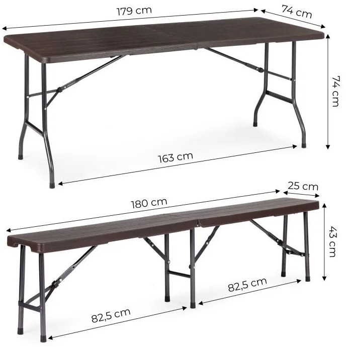 Zestaw bankietowy imitacja drewna - stół cateringowy 180 cm i 2 ławki Party, brązowy