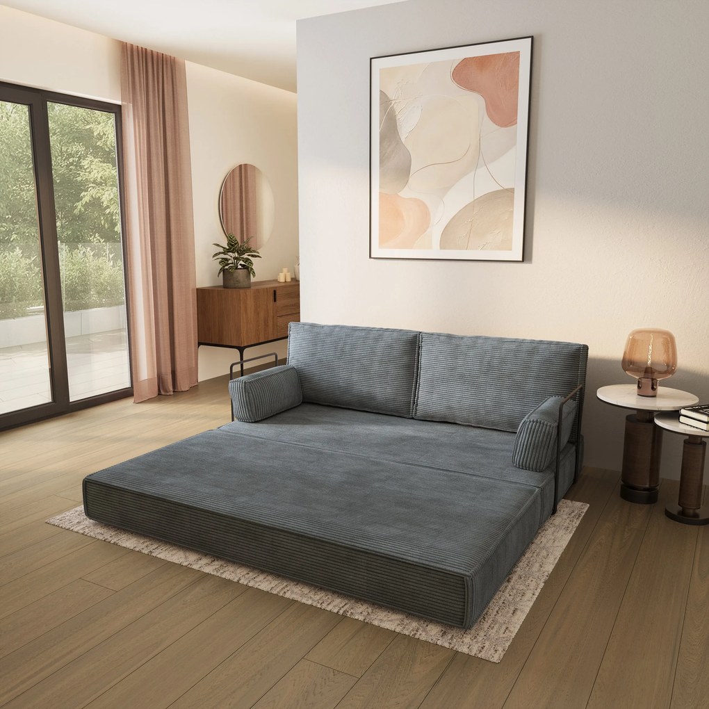 Masseno Sofa piankowa SILAR z funkcją spania, Kanapa z pianki do salonu, Bezmontażowa, Tkanina sztruksowa – Szary POSO 60