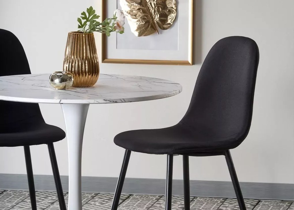 Stół okrągły Vejle 80 cm biały marmur – nowoczesny glamour, MDF, stalowa podstawa