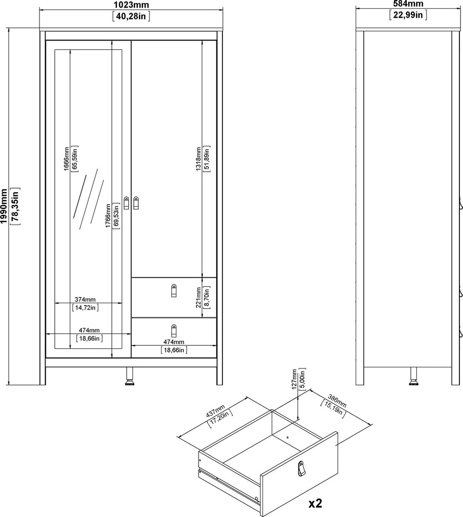 Dwudrzwiowa szafa z lustrem i szufladami Madrid, biały mat