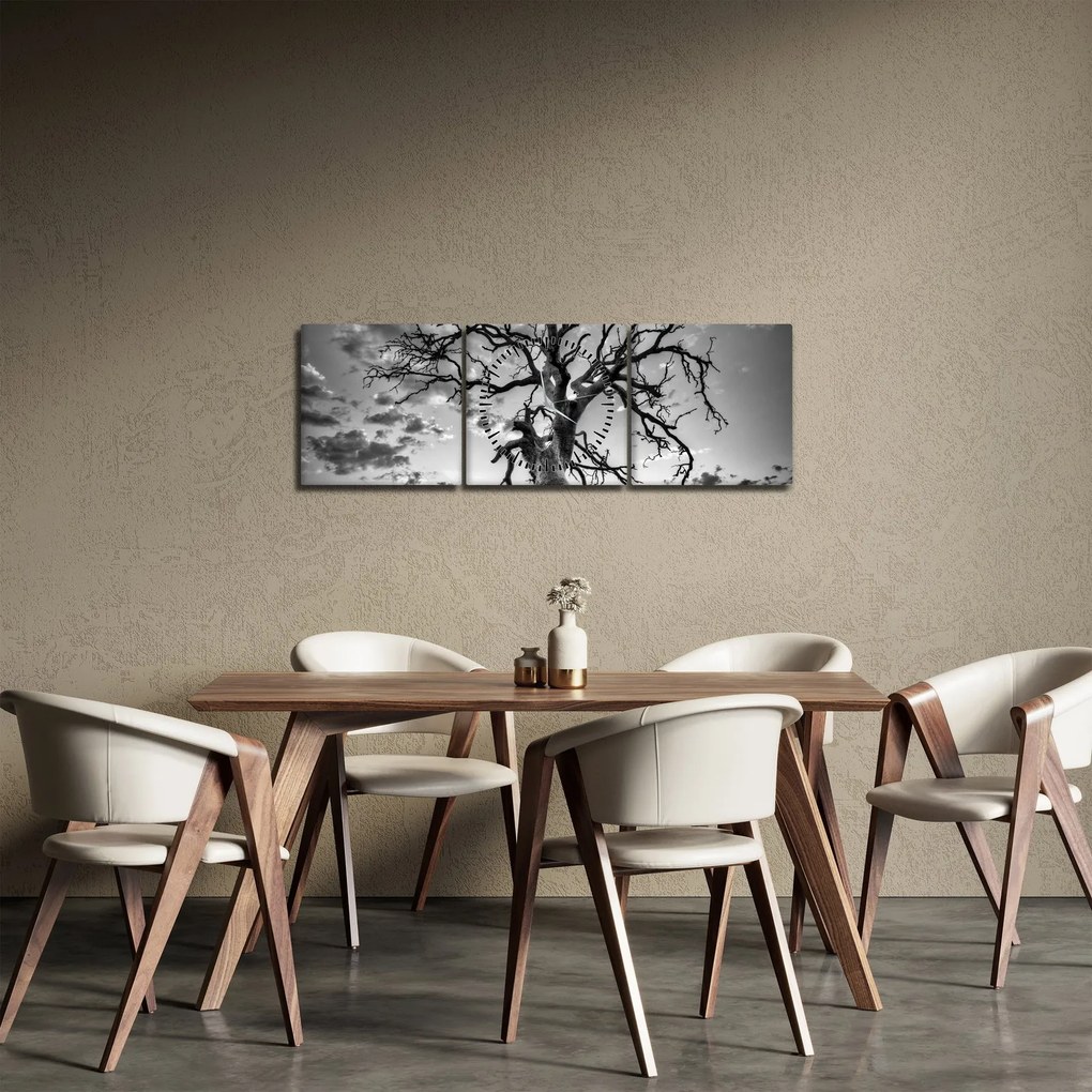 Obraz - Czarno - białe drzewo (z zegarem) (90x30 cm)