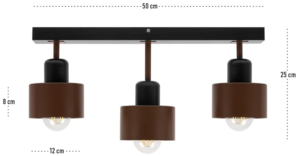 Brązowo-czarna lampa sufitowa, trzypunktowy spot DBR50x7SC z drewna i