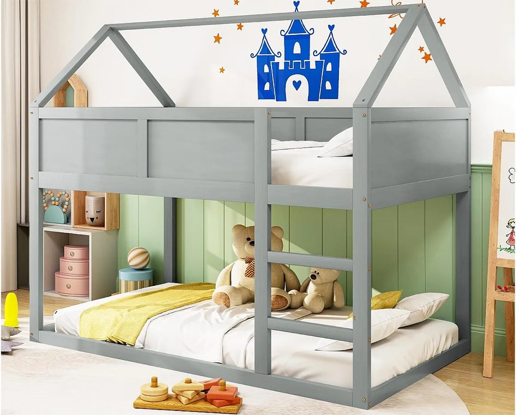Łóżko piętrowe 90x200cm - z drabinką - konstrukcja z litego drewna - Szary