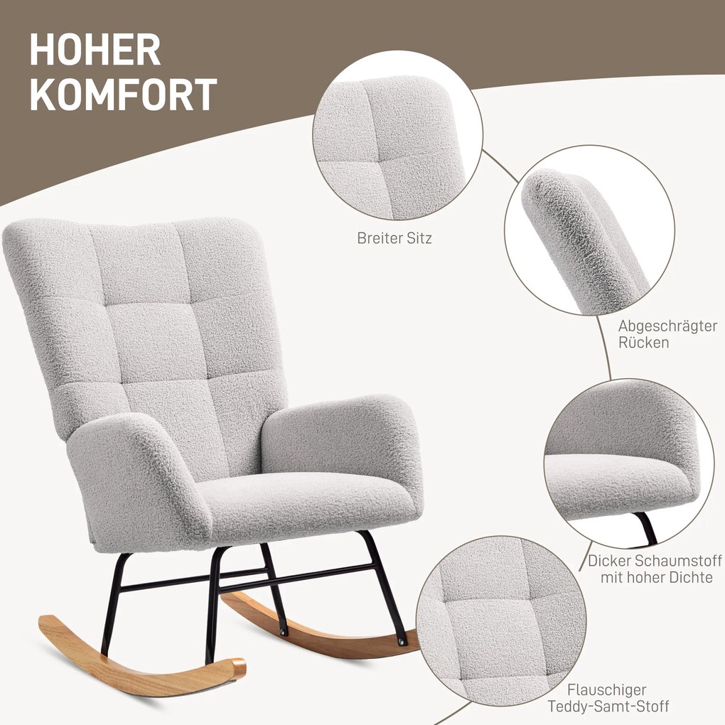 HOMCOM Fotel huśtawkowy, miękki pokrowiec, grube poduszki, antypoślizgowy, Jasnoszary