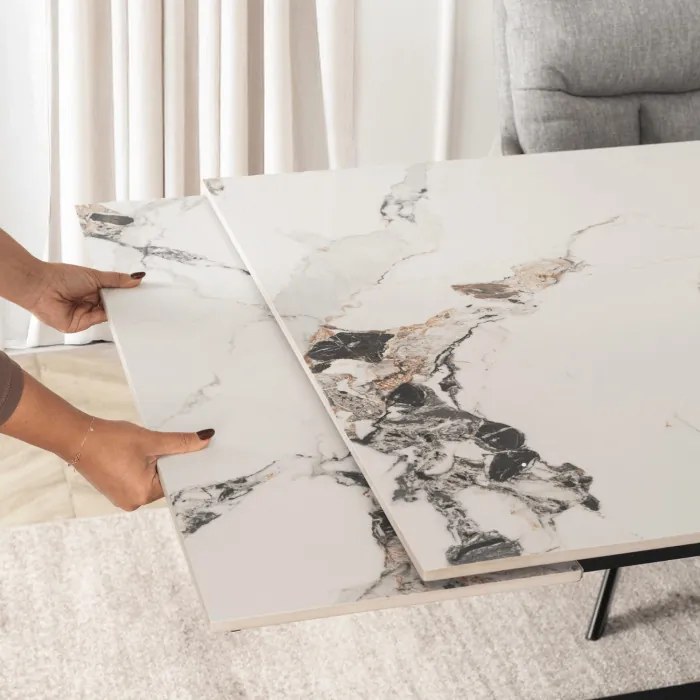 Stół Rozkładany Prostokątny REX 2 180-240 cm Ceramiczny Biały Marmur/Czarny do Jadalni Nowoczesny Loft