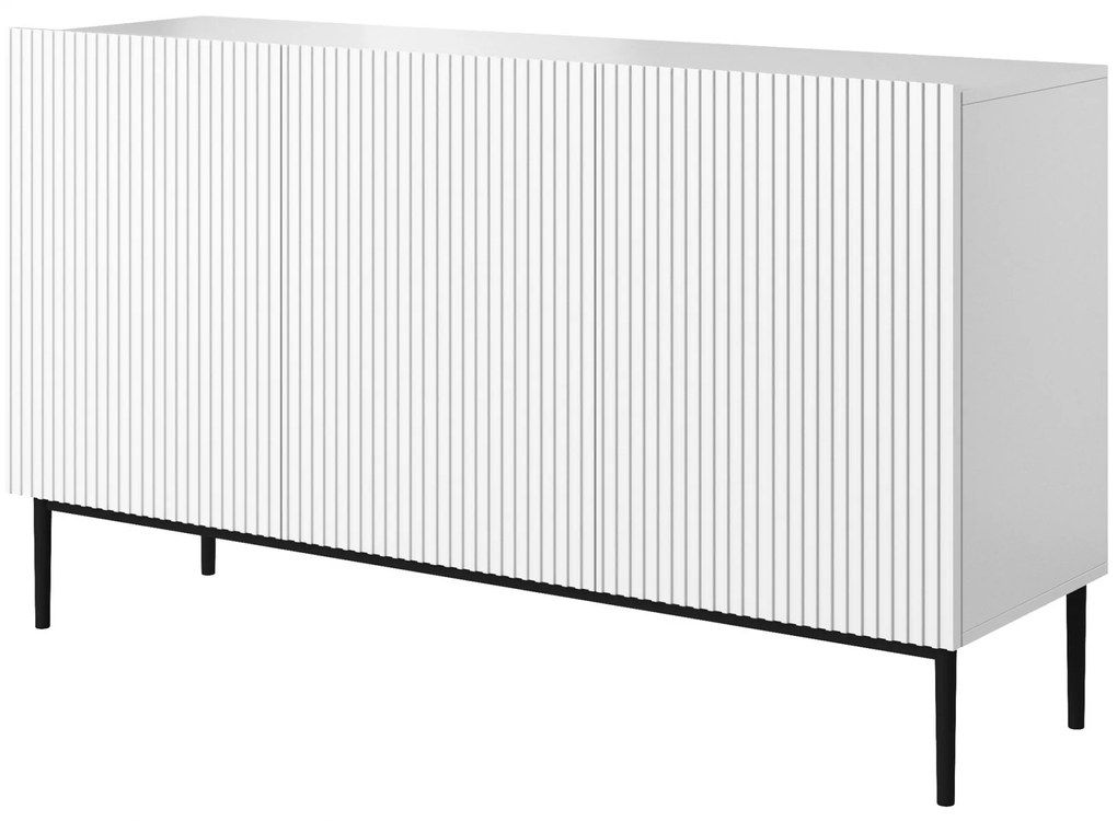 Komoda Nicole 150 cm trzydrzwiowa z ryflowanym frontem - biały mat / czarne nóżki