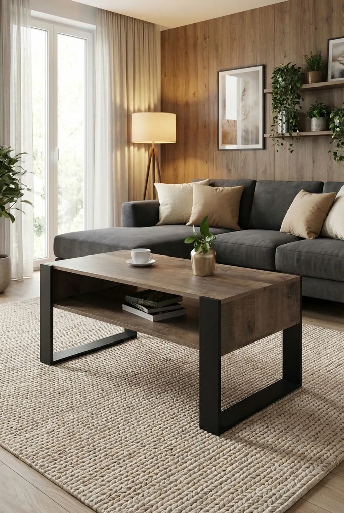 Rustykalna ława kawowa z półką dąb kolonialny + czarny G8-Z92