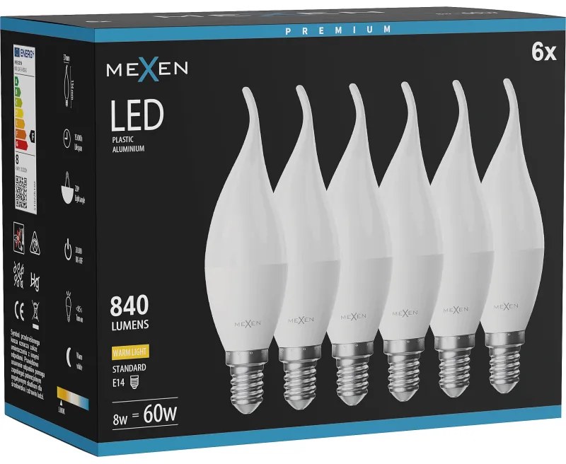 Mexen Nova 6x żarówka LED płomyk E14, C37, 8W, Ciepła - 3000K, 840 lm - L106-E14-0830-01x06