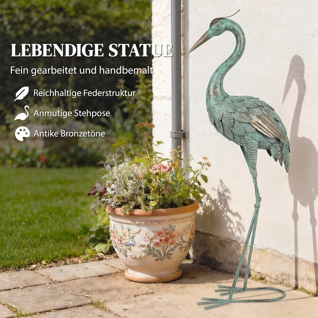 Outsunny Statua ogrodowa czapli metalowy ptak outdoor, stojąca rzeźba 88 cm z kotwami do podłoża, Zielony i Brązowy | Aosom PL