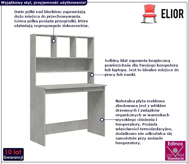 Biurko z półkami nad blatem betonowa szarość - Velamro