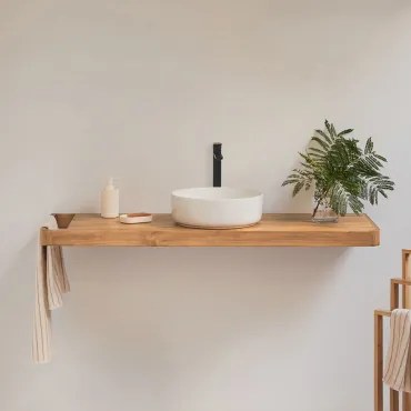 Zestaw Mebli Łazienkowych 130x45 Cm Wiszący Z Drewna Tekowego Neill Drewno Tekowe & Okrągły Ceramiczny Biały Ø40 - Sklum