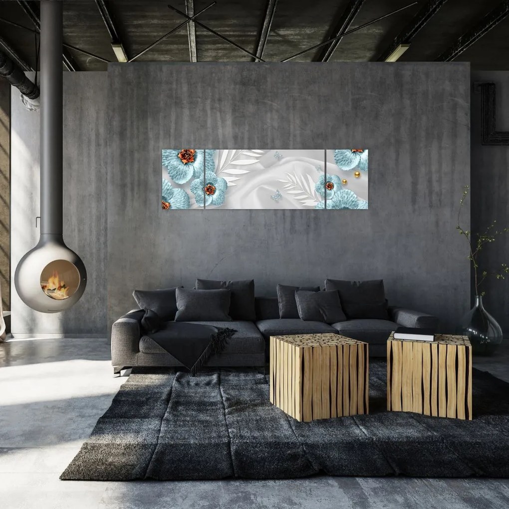 Obraz - 3D niebieskie kwiaty (170x50 cm)