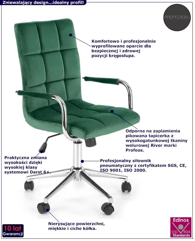 Zielony welurowy fotel młodzieżowy do biurka - Petuli 4X